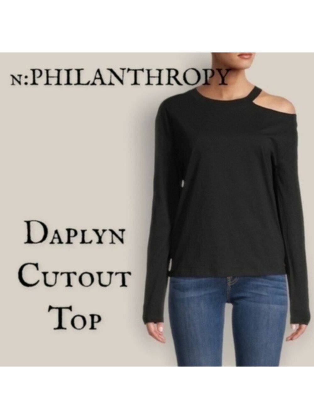 N:PHILANTHROPY Daplyn Neck Cutout Long Sleeve Fitted Cotton Top-Black/LG/NWT